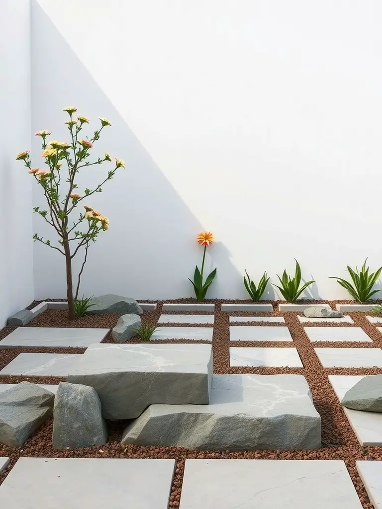A modern minimalist garden featuring large stones, a flowering plant, and a small tree against a white wall.