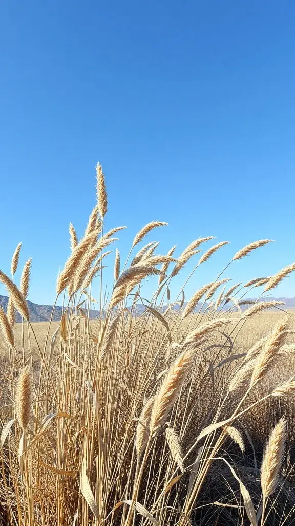 Tall golden grasses against a bright blue sky, illustrating drought-tolerant plants.