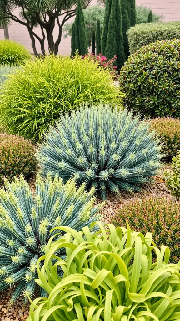 A variety of drought-tolerant shrubs and plants in different shapes and colors.