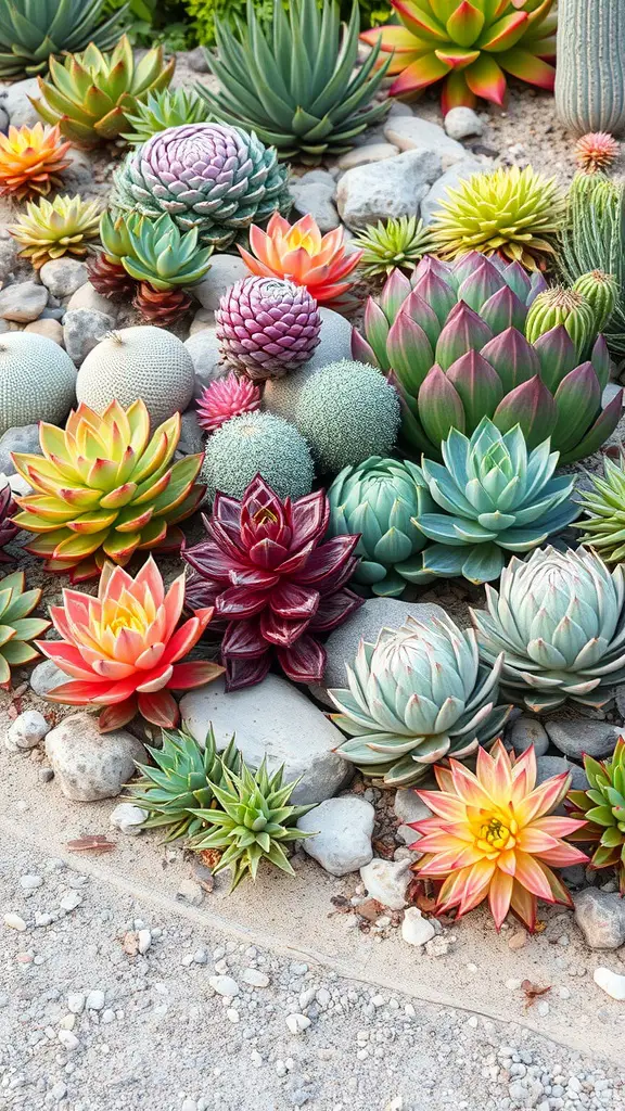 A colorful arrangement of various succulent plants, showcasing different shapes and colors in a drought-tolerant garden.