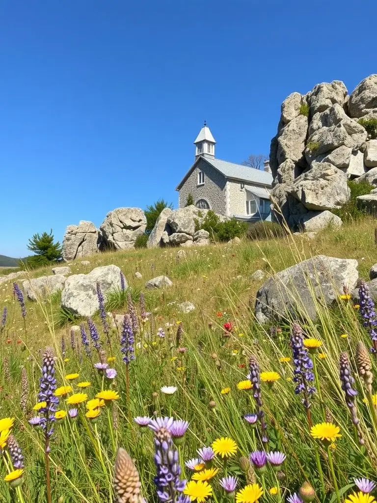 A colorful wildflower meadow featuring various flowers and rocky outcrops under a cloudy sky.