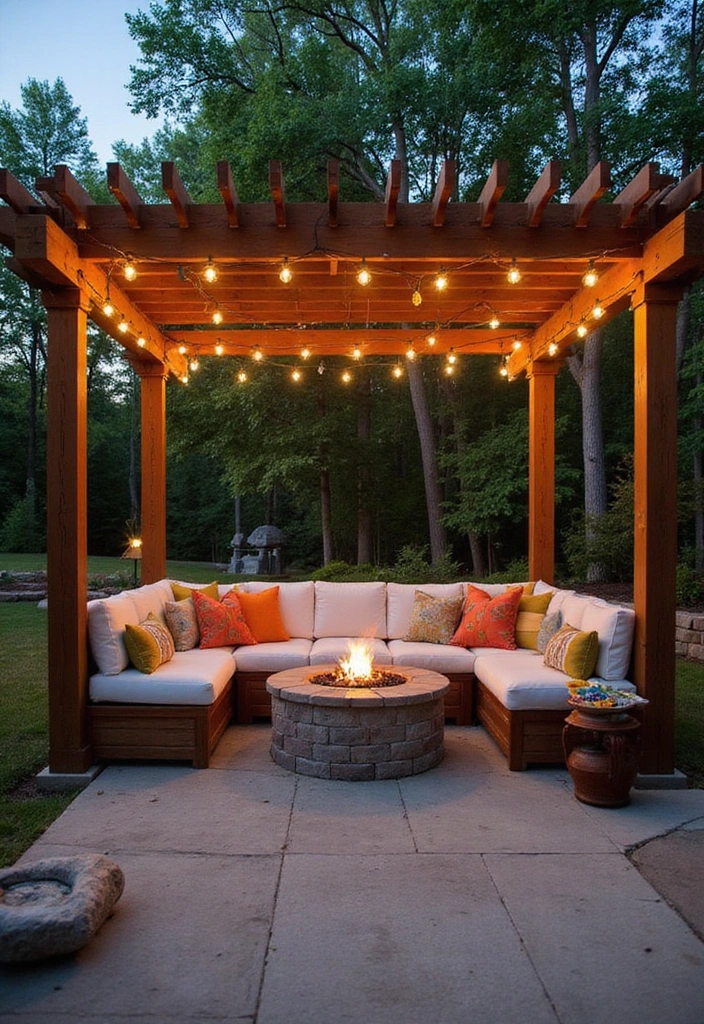 22 Fire Pit Landscaping Ideas to Create the Ultimate Cozy Hangout Spot in Your Backyard! - 3. Cozy Fire Pit Nook with Pergola