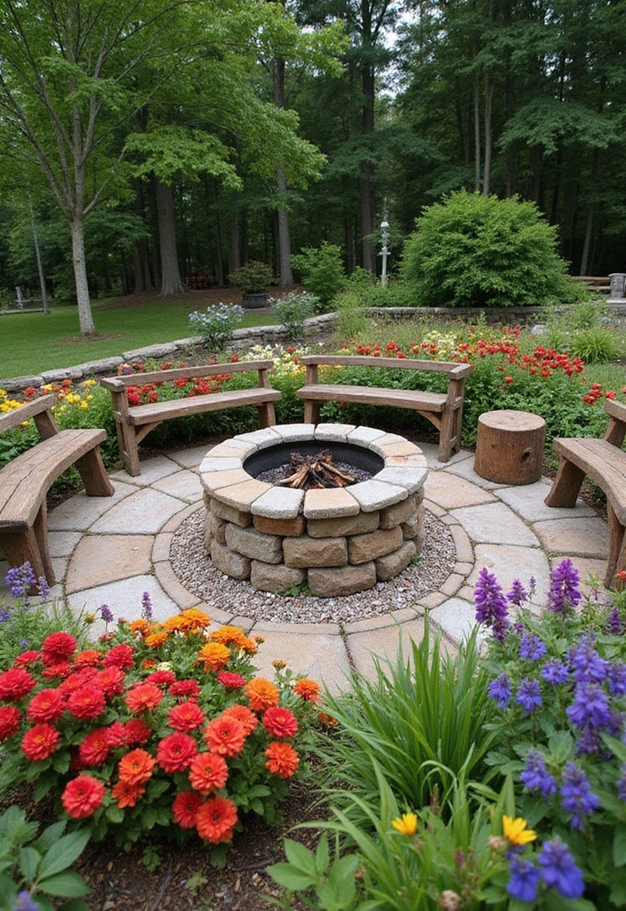 22 Fire Pit Landscaping Ideas to Create the Ultimate Cozy Hangout Spot in Your Backyard! - 4. Fire Pit Surrounded by Flower Beds