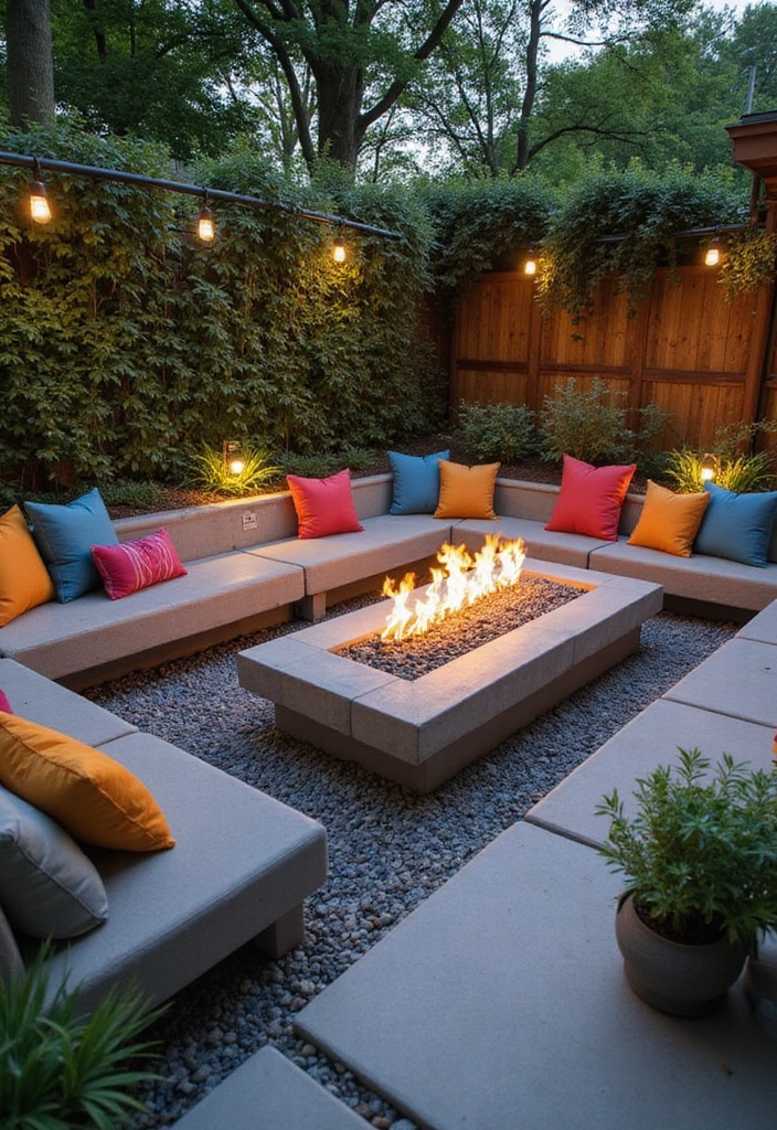 22 Fire Pit Landscaping Ideas to Create the Ultimate Cozy Hangout Spot in Your Backyard! - 2. Modern Concrete Fire Pit with Built-in Seating