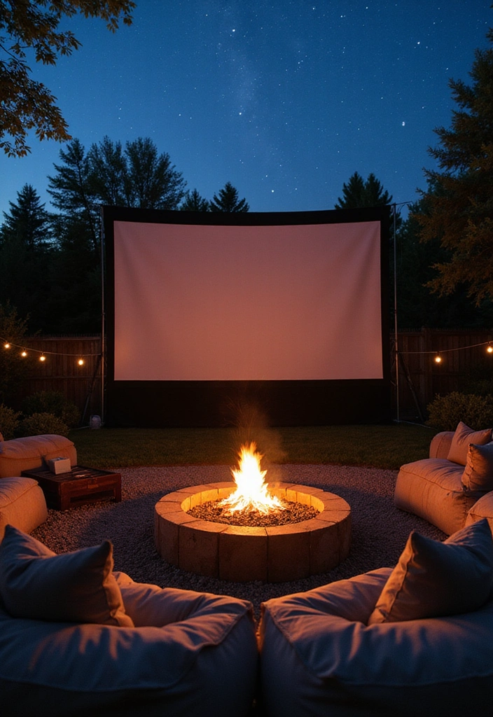 22 Fire Pit Landscaping Ideas to Create the Ultimate Cozy Hangout Spot in Your Backyard! - 11. Fire Pit with Movie Screen Setup