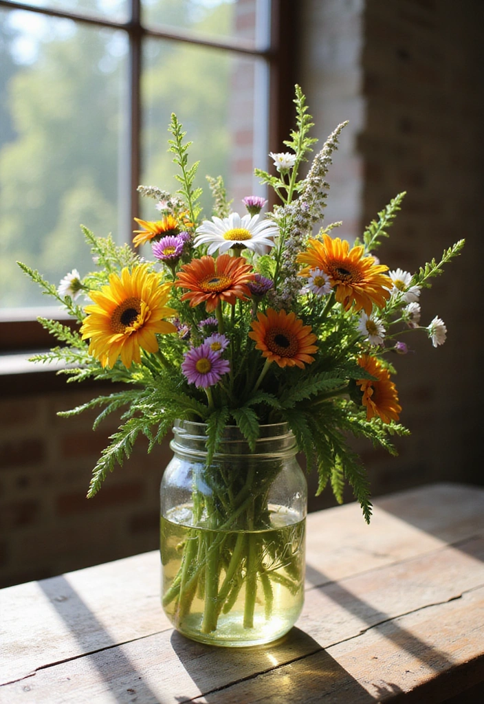 20 Stunning Mason Jar Flower Arrangements You Can Make Today (Prepare to Be Amazed!) - 1. Rustic Wildflower Mix