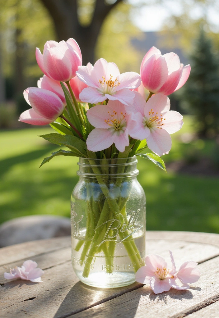 20 Stunning Mason Jar Flower Arrangements You Can Make Today (Prepare to Be Amazed!) - 10. Spring Blossom Delight