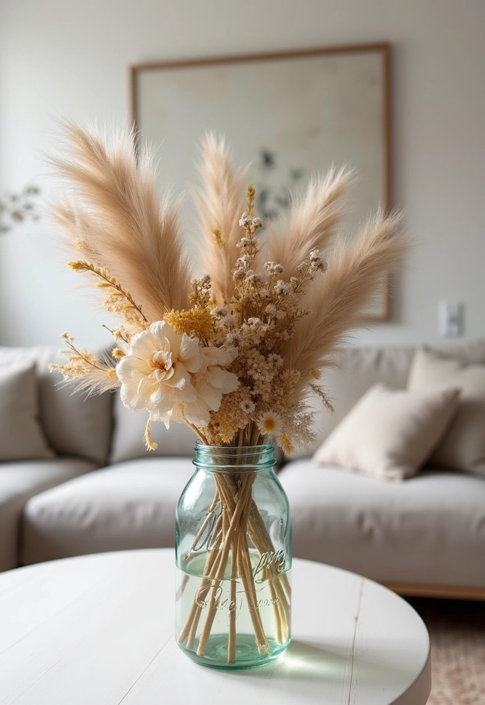 20 Stunning Mason Jar Flower Arrangements You Can Make Today (Prepare to Be Amazed!) - 11. Neutral Tones Arrangement