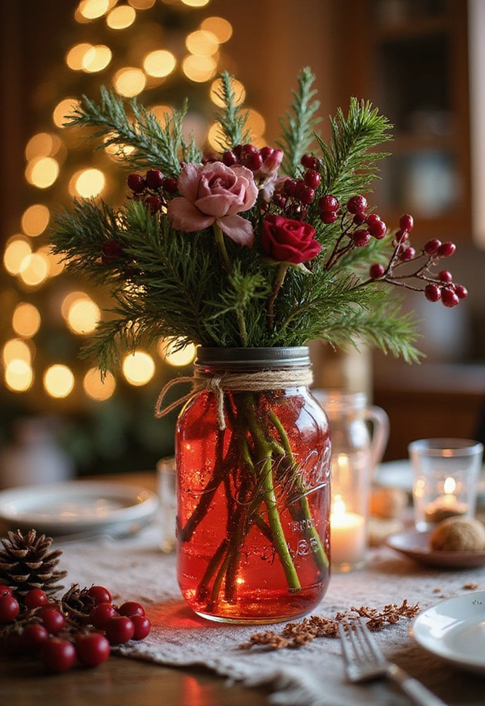 20 Stunning Mason Jar Flower Arrangements You Can Make Today (Prepare to Be Amazed!) - 9. Festive Holiday Arrangement