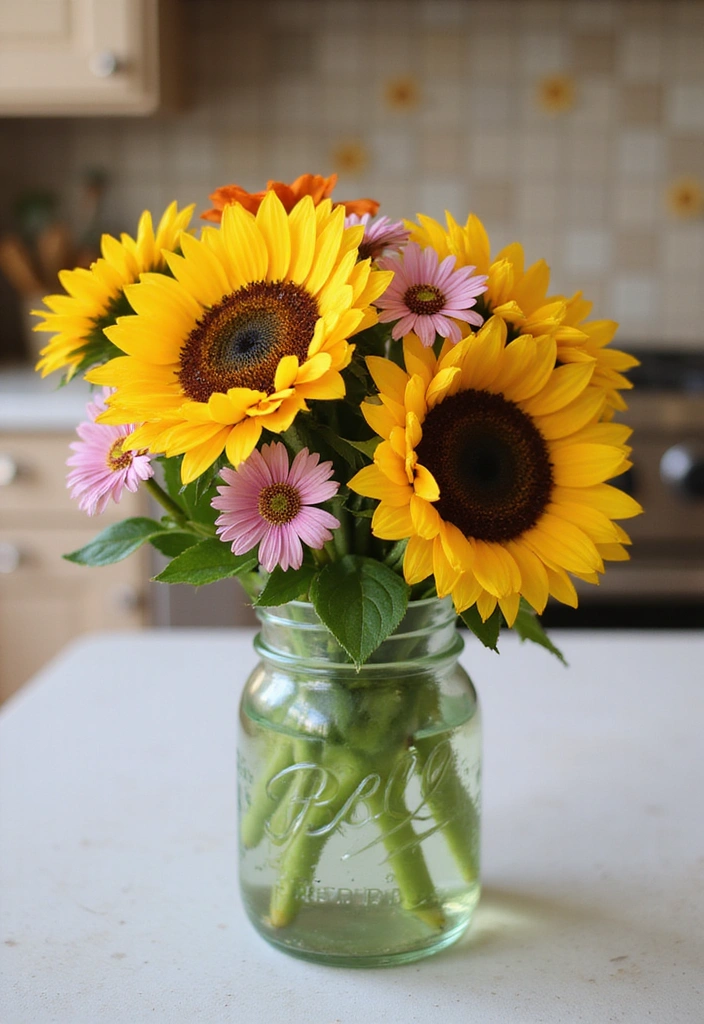 20 Stunning Mason Jar Flower Arrangements You Can Make Today (Prepare to Be Amazed!) - 3. Cheerful Sunflower Cluster