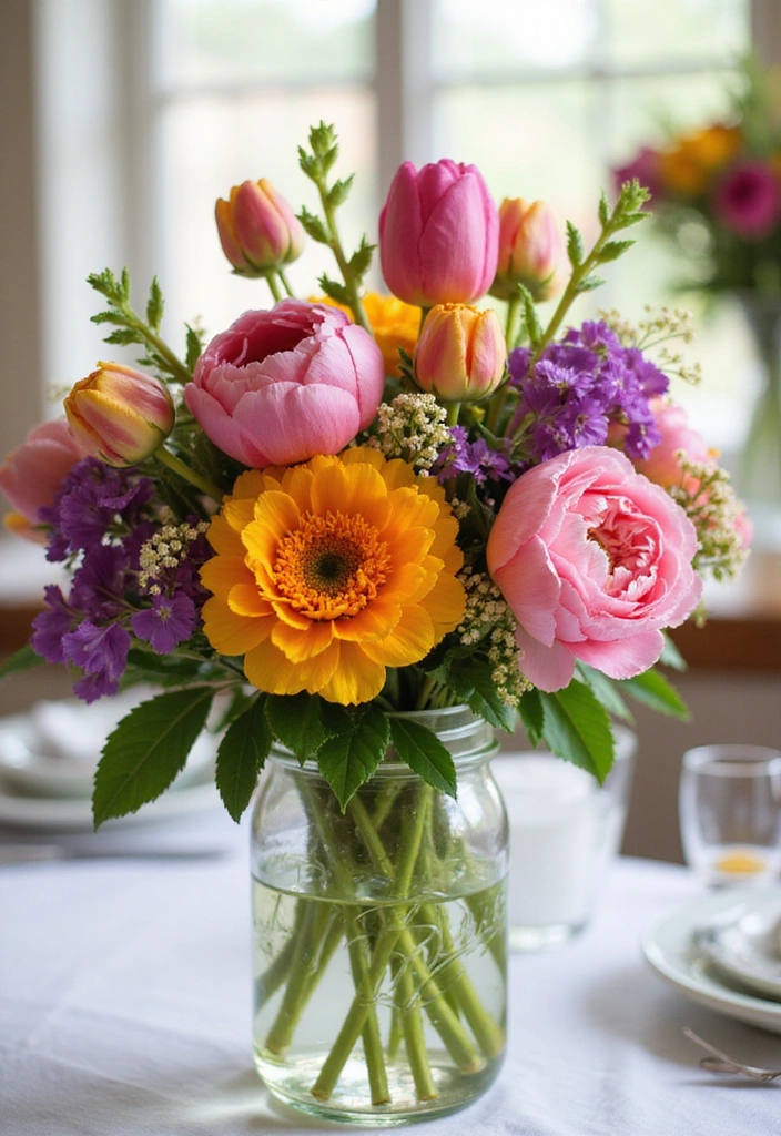 20 Stunning Mason Jar Flower Arrangements You Can Make Today (Prepare to Be Amazed!) - 7. Vibrant Garden Mix