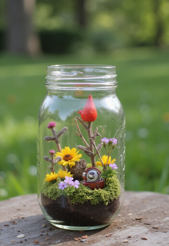 20 Stunning Mason Jar Flower Arrangements You Can Make Today (Prepare to Be Amazed!) - 13. Whimsical Fairy Garden