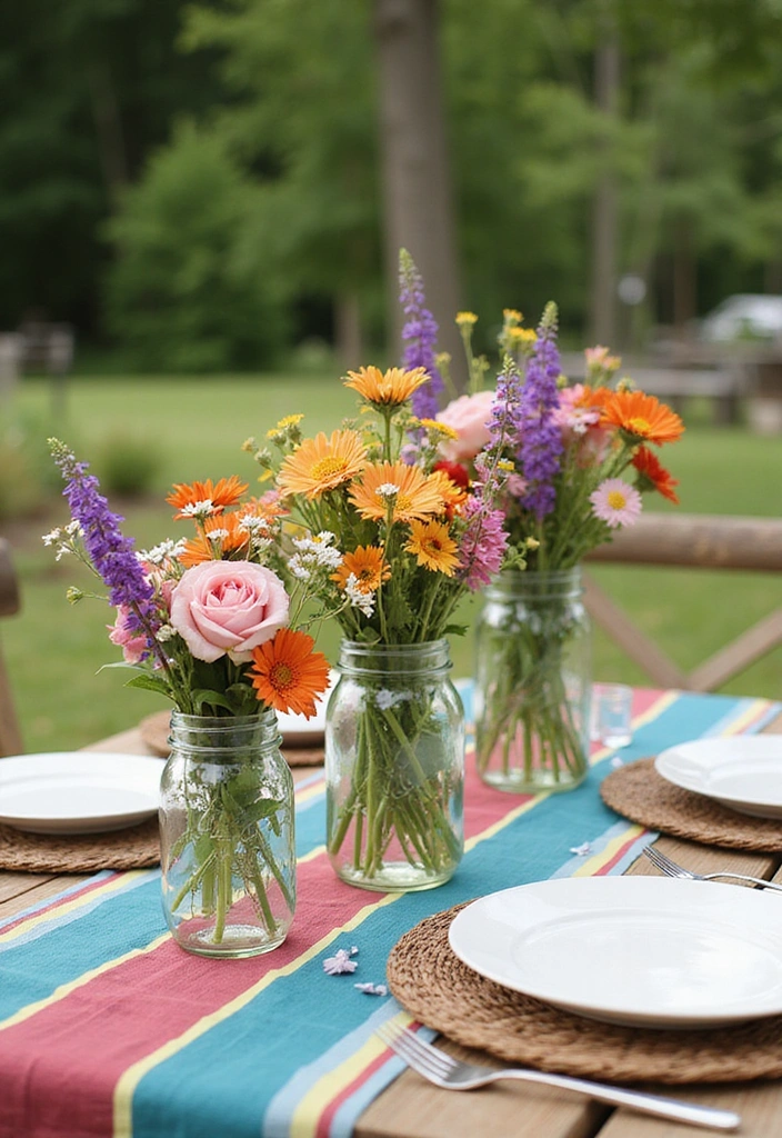 20 Stunning Mason Jar Flower Arrangements You Can Make Today (Prepare to Be Amazed!) - 19. Garden Party Centerpiece