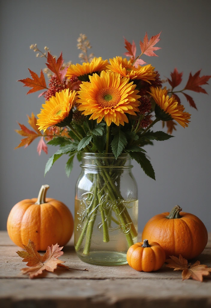 20 Stunning Mason Jar Flower Arrangements You Can Make Today (Prepare to Be Amazed!) - 4. Seasonal Autumn Arrangement