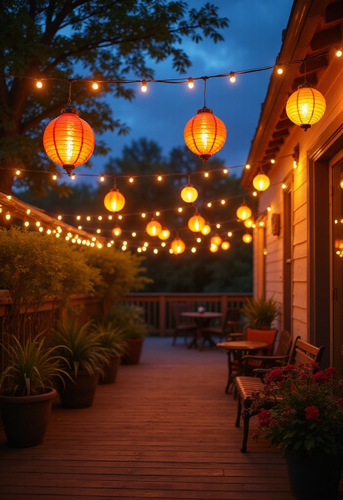 20 Brilliant Deck Lighting Ideas to Create the Ultimate Cozy Patio Experience! - 14. Lantern String Lights