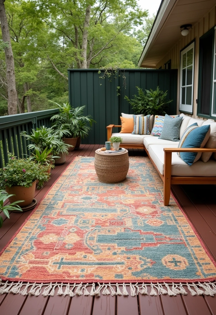 20 Deck Privacy Ideas That Combine Beauty and Seclusion (Ideas #2 & #8 Are Game Changers!) - 7. Outdoor Rugs for Definition