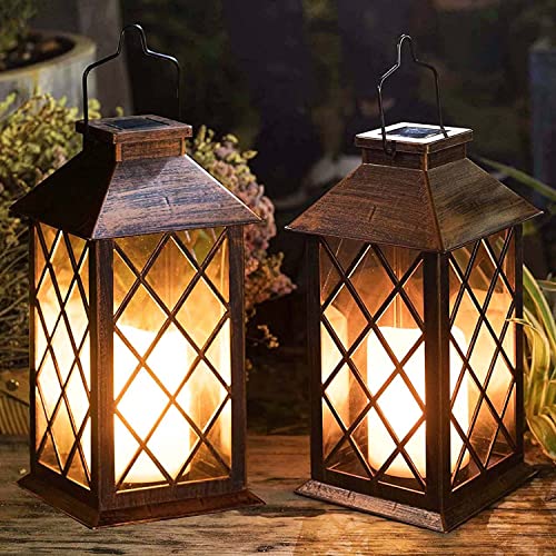 [2 Pack] TAKE ME 14" Solar Lantern Outdoor Garden Hanging Lantern Waterproof LED Flickering Flameless Candle Mission Lights for Table,Outdoor，Mothers Day Gifts Mom Wife