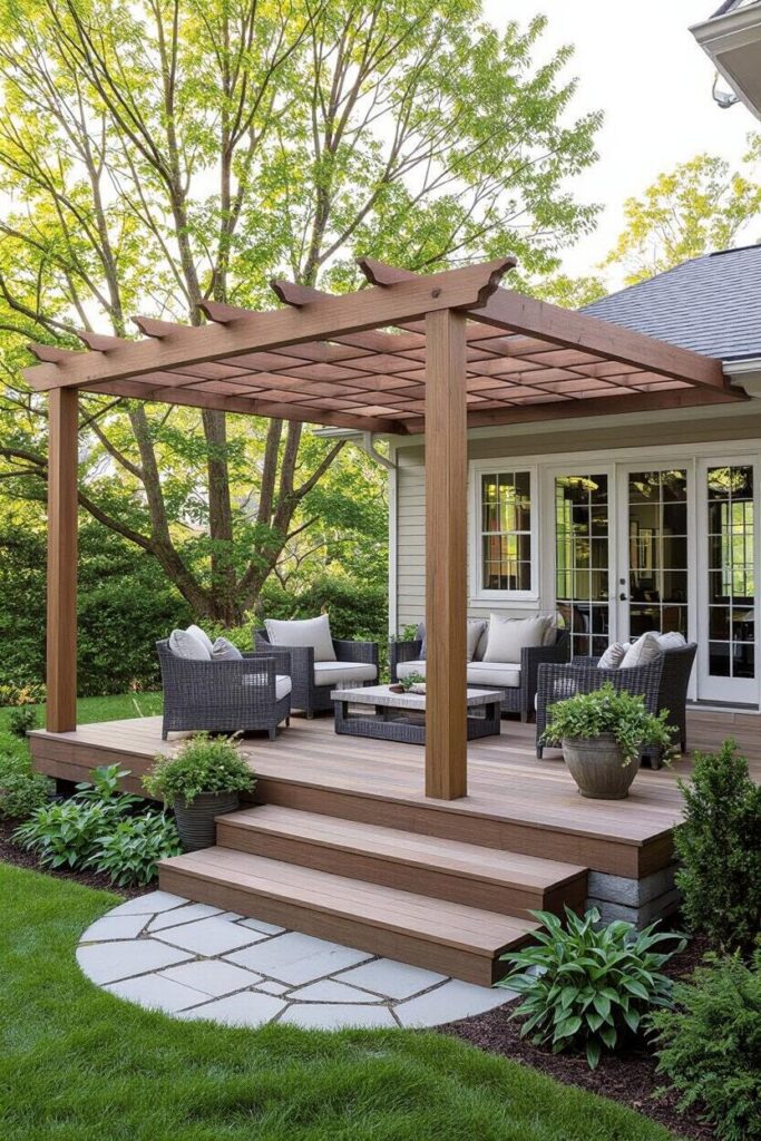 Deck With Pergola And Stone Conversation Patio