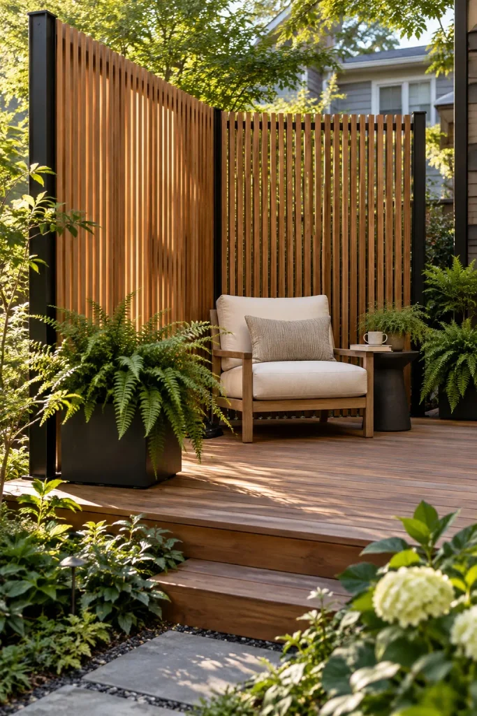 Cream reading chair on a cedar deck enclosed by vertical wood screens and fern planters.