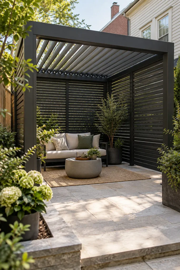 Charcoal pergola with roof and side louvers sheltering a cream loveseat on a stone patio.