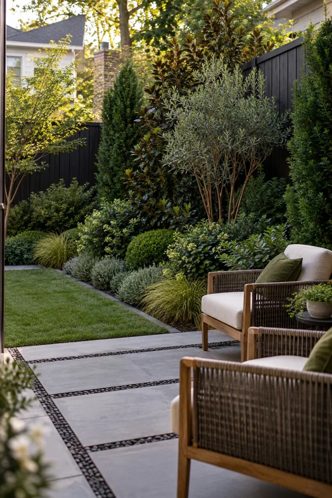 Mixed evergreen planting along a dark backyard fence behind two outdoor chairs.