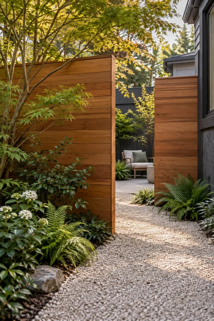Staggered cedar entry screens with a gravel path leading to a secluded garden chair.