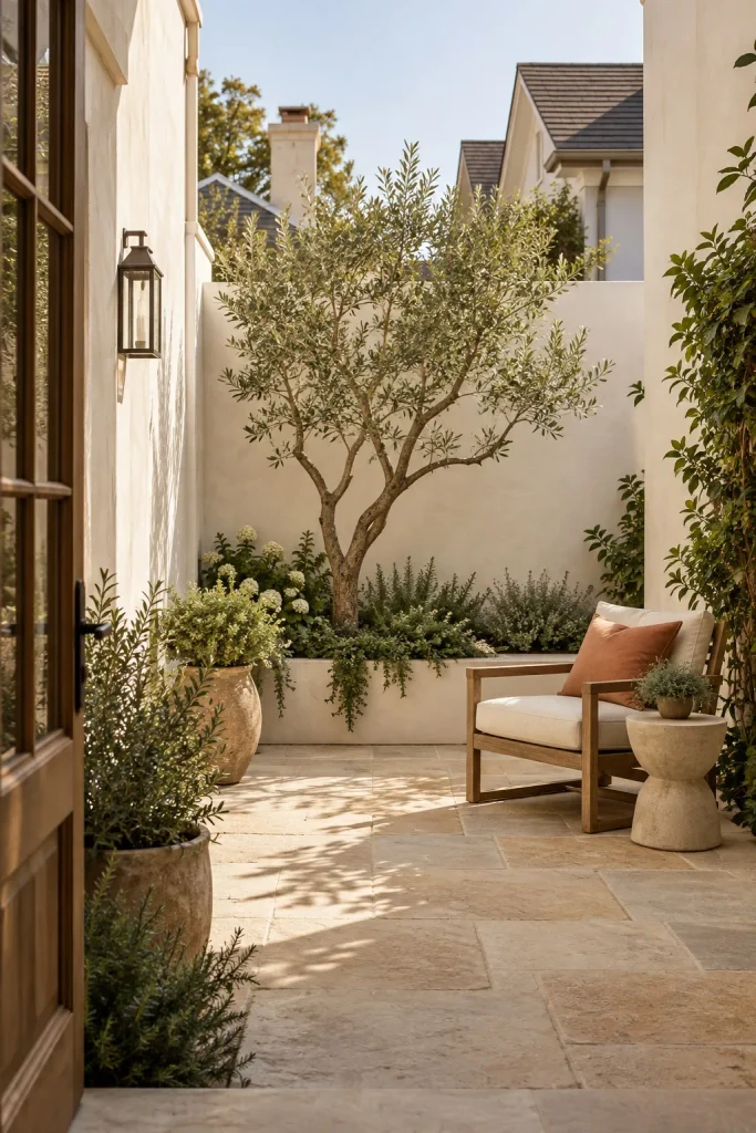 Small courtyard with warm white walls, pale paving, a tree, and a wood lounge chair.
