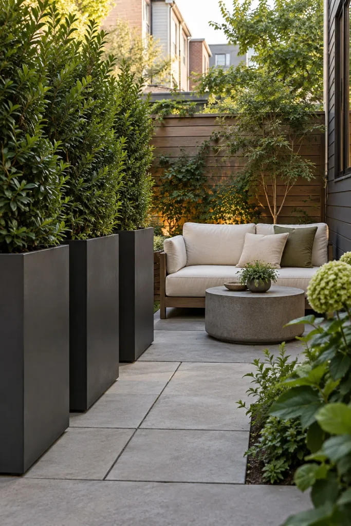 Tall charcoal planters filled with green shrubs beside a cream outdoor loveseat.