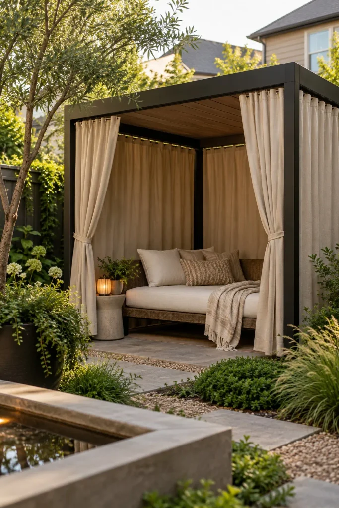 Black garden cabana with opaque cream curtains surrounding a cushioned daybed.