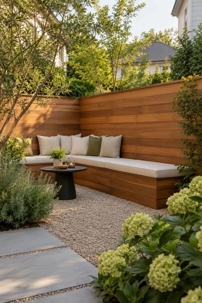 L-shaped cedar bench with cream cushions and a tall wood privacy back.