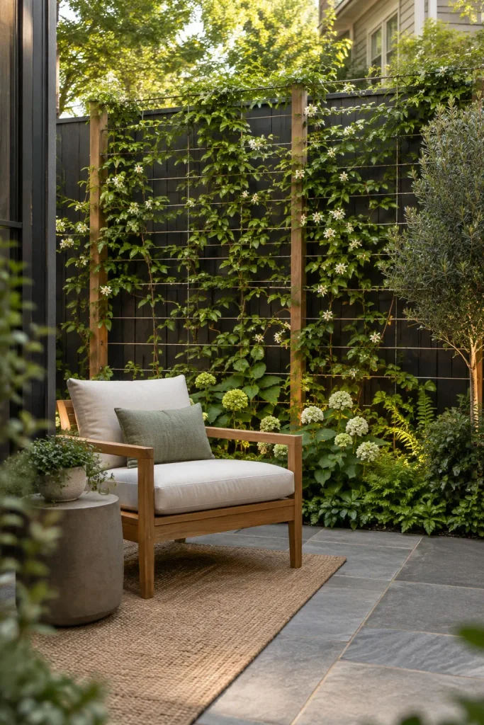 Climbing vines on a cable trellis in front of a dark fence beside a teak chair.