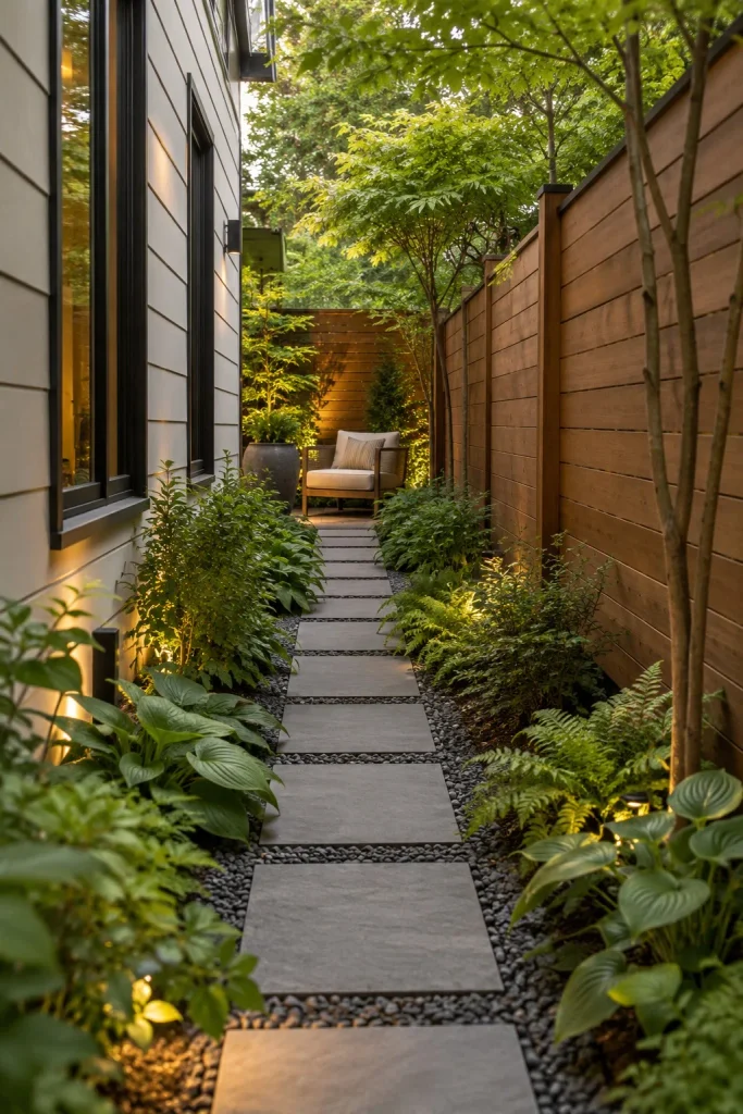 Narrow side yard with stepping stones, leafy planting, and a chair at the far end.
