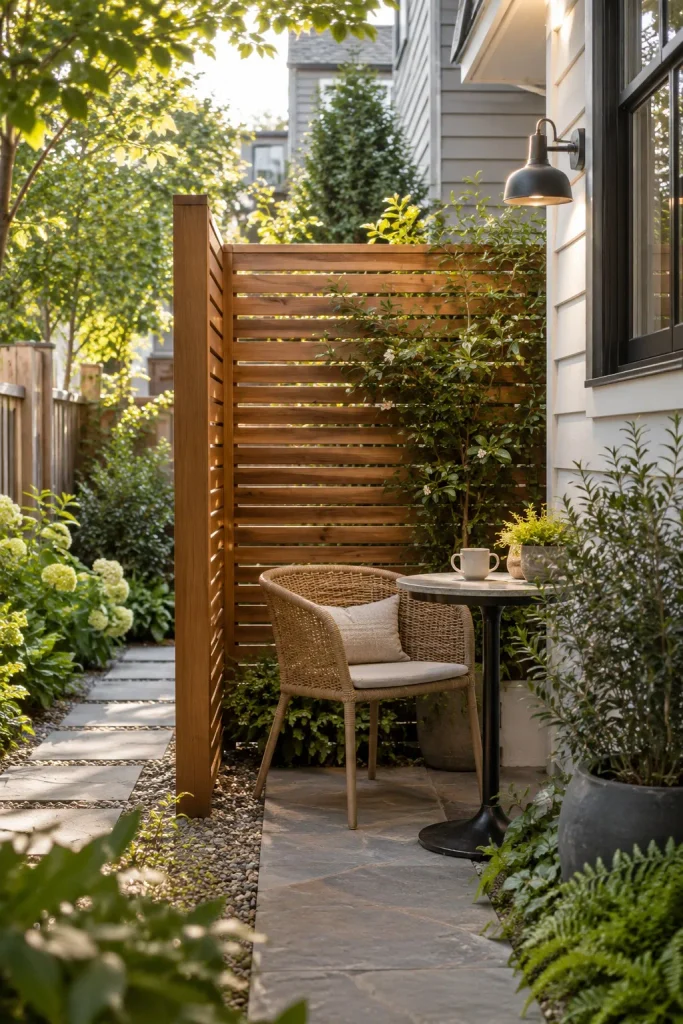 Small coffee table and woven chair tucked between the house and a cedar screen.