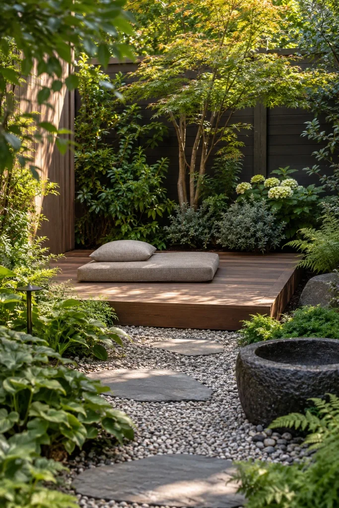 Low timber platform with a neutral cushion surrounded by shrubs and dark fencing.