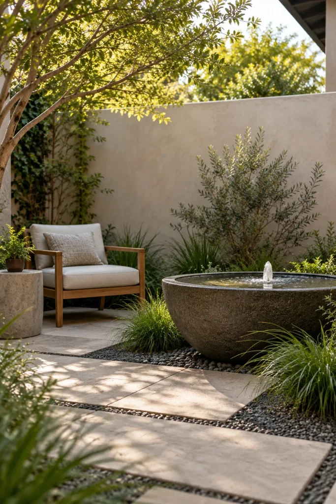 Round stone bowl fountain beside a lounge chair in a walled garden corner.