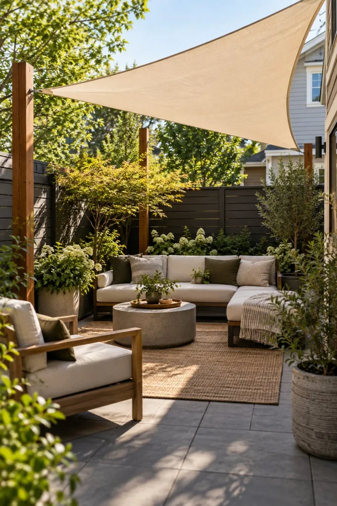 Cream triangular shade sail above a modern patio lounge enclosed by dark fencing.