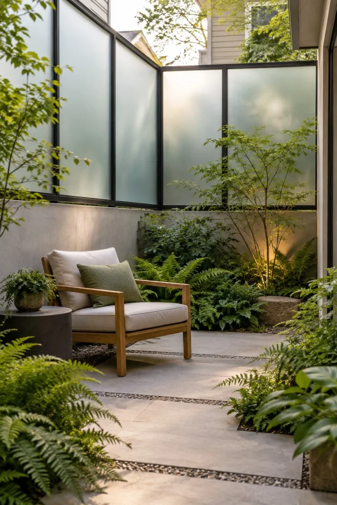 Frosted panels in dark frames screening a courtyard with ferns and a wood chair.