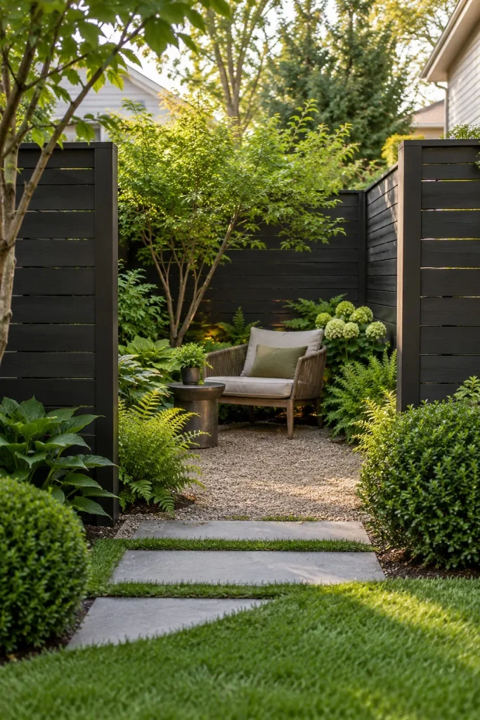 Pocket garden with dark privacy screens, leafy plants, and a cushioned lounge chair.