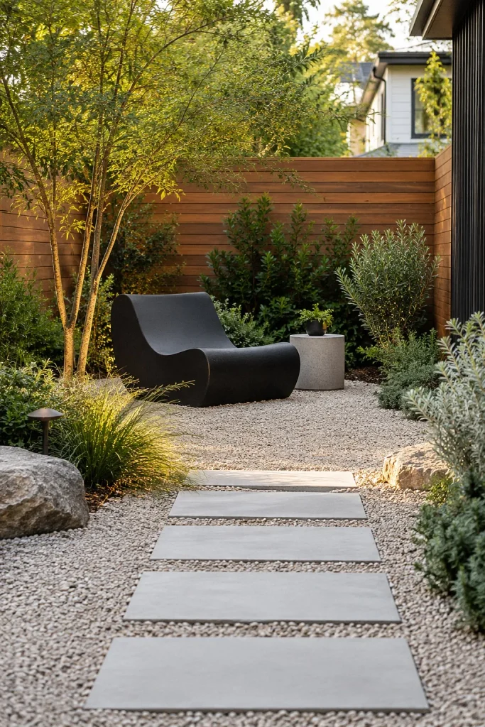 Sculptural black chair on pale gravel with stepping stones and a cedar fence.
