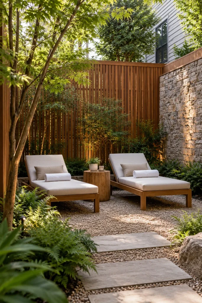 Two cushioned teak loungers with rolled towels beside wood screens and a stone wall.
