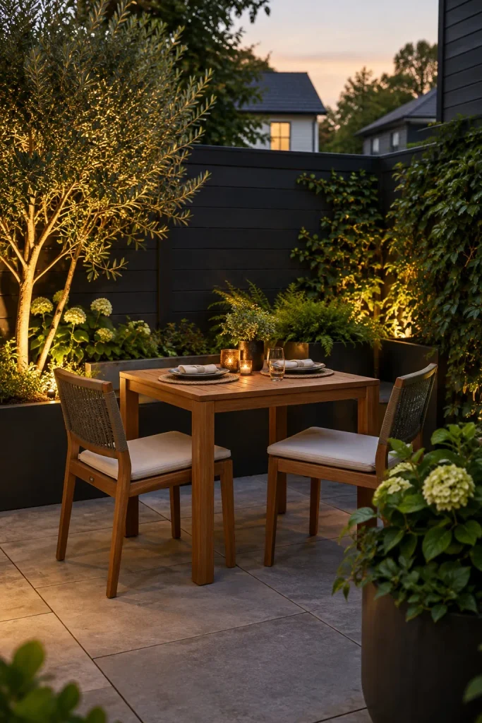 Small teak dining table for two with charcoal privacy screens and evening garden lighting.