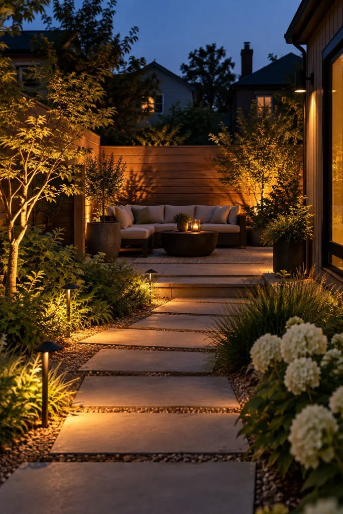 Warm path lighting leading to a secluded backyard sofa behind a timber screen at dusk.