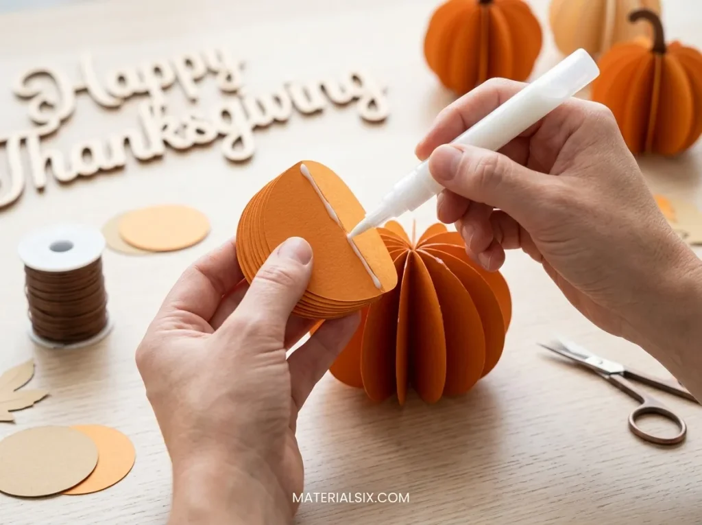 Folded paper circles glued together to form a 3D pumpkin