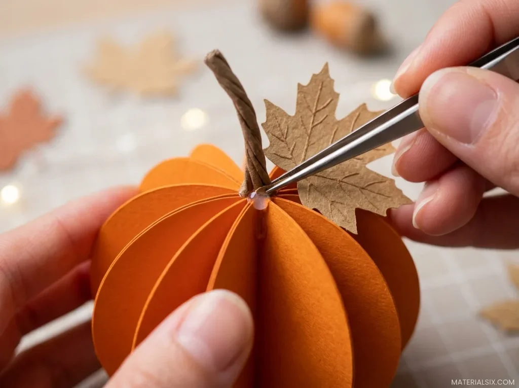 Paper pumpkin decorated with a brown stem and autumn leaves