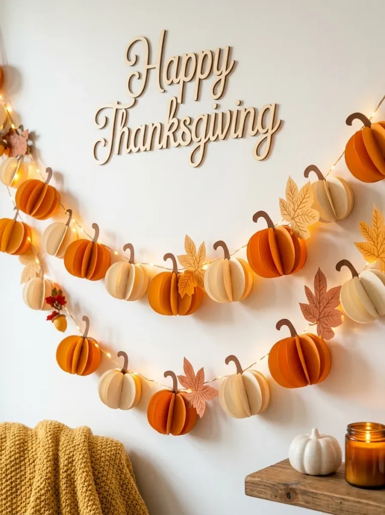 Finished 3D paper pumpkin garland displayed with warm fairy lights
