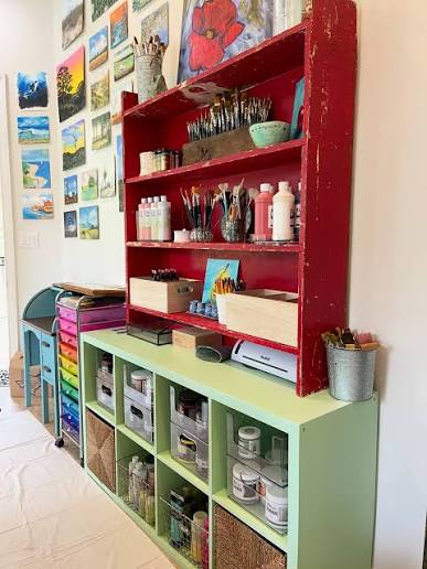 Vintage Craft Wall With Thrifted Hutch & Rainbow Drawers