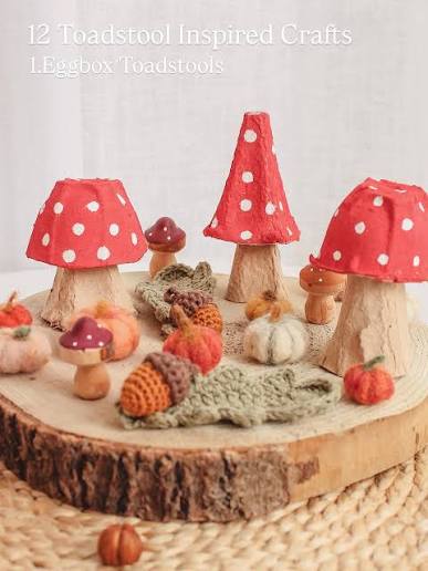 Egg Carton Toadstool Village on a Wood Slice