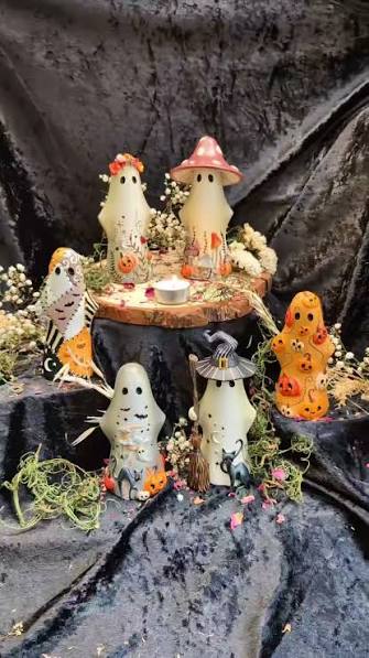 Spooky‑Cute Clay Ghost Figurine Set with Pumpkins and Witch Hats