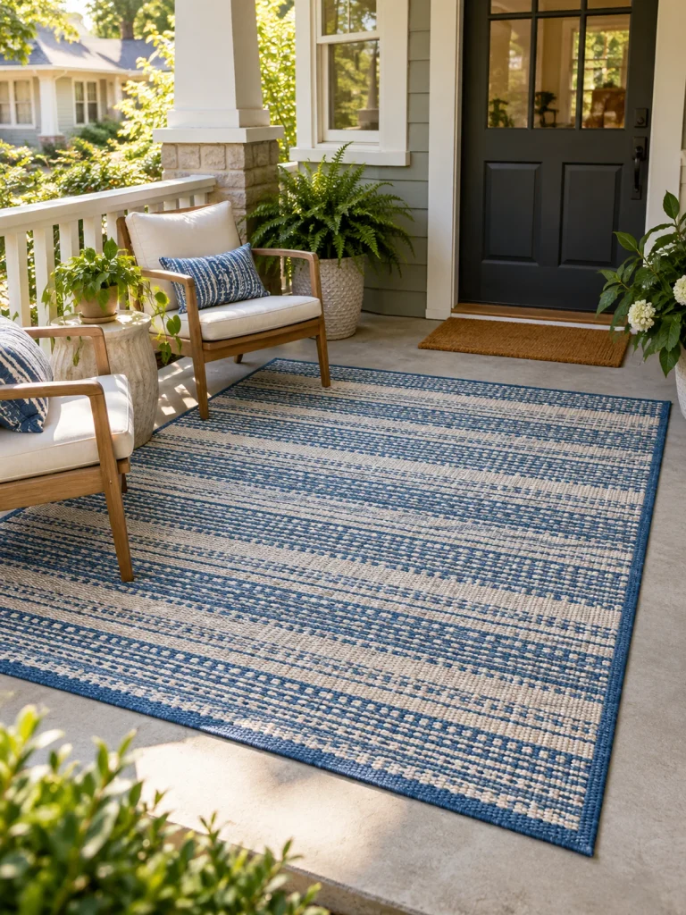 Blue and ivory outdoor rug beneath wooden chairs on a concrete front porch.