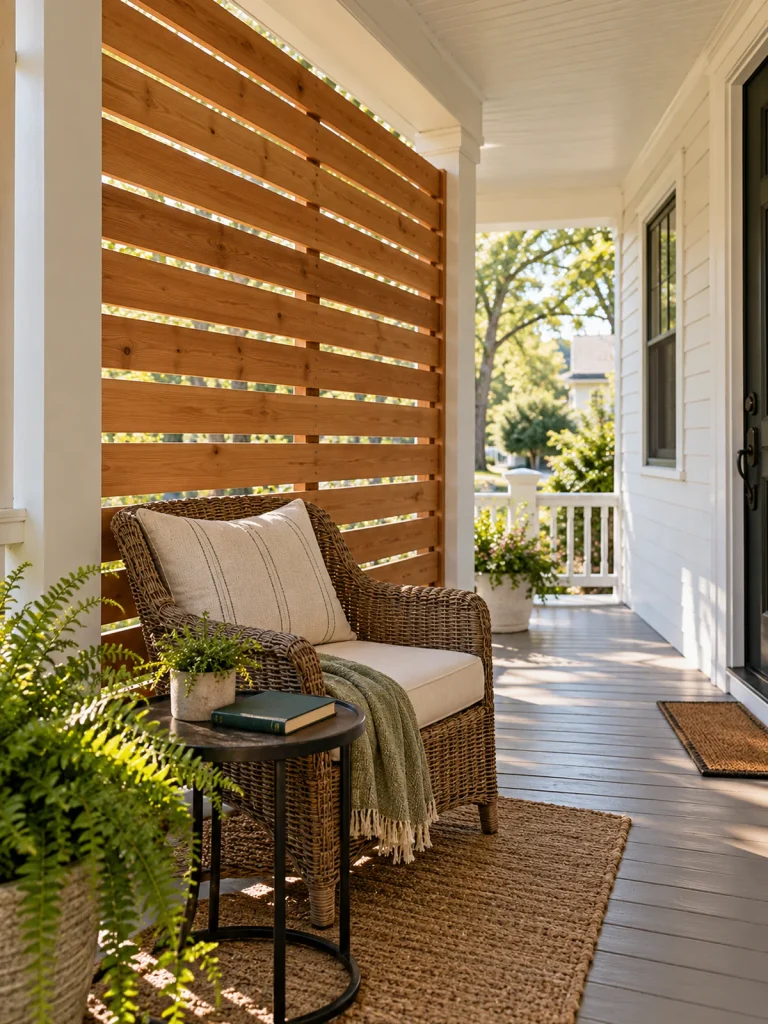 Horizontal cedar privacy screen beside a wicker chair on a white front porch.